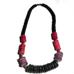 Vintage Wooden Boho Beaded Necklace Red Black & Purple Discs Green Spacers